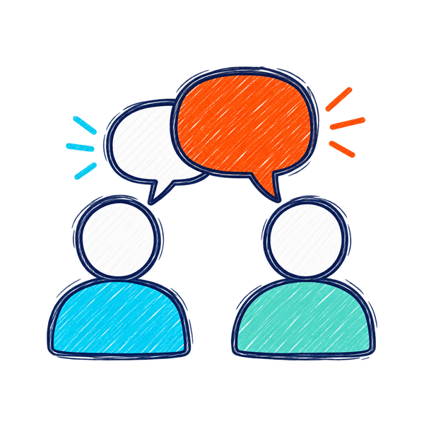 Hand-drawn illustration of two people in conversation