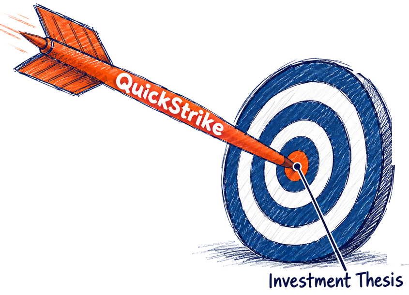 Hand-drawn QuickStrike arrow hitting the Investment Thesis bullseye