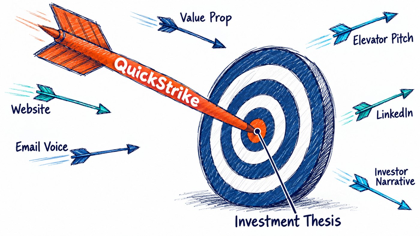 Hand-drawn QuickStrike arrow hitting the Investment Thesis bullseye, with arrows for value prop, elevator pitch, website, LinkedIn, email voice and investor narrative